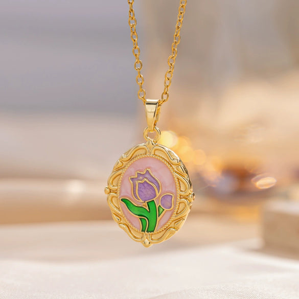 Wholesale Women's Necklace Brass Gold Plated Oil Painting Style Colorful Drops Glaze Enamel Purple Tulip Flower Shape Titanium Steel Dripping Oil