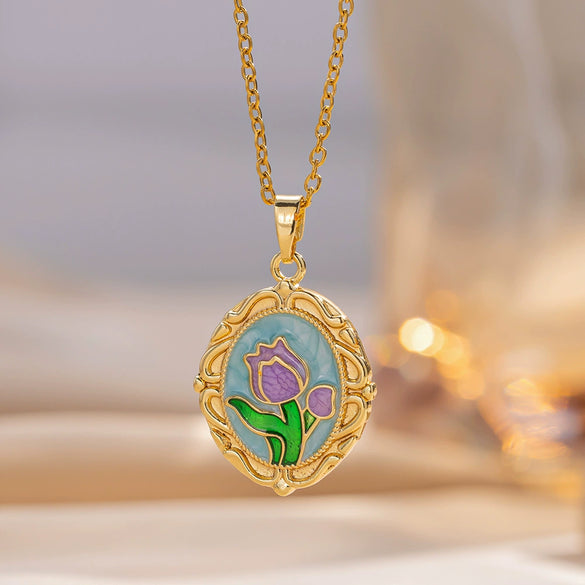 Wholesale Women's Necklace Brass Gold Plated Oil Painting Style Colorful Drops Glaze Enamel Purple Tulip Flower Shape Titanium Steel Dripping Oil