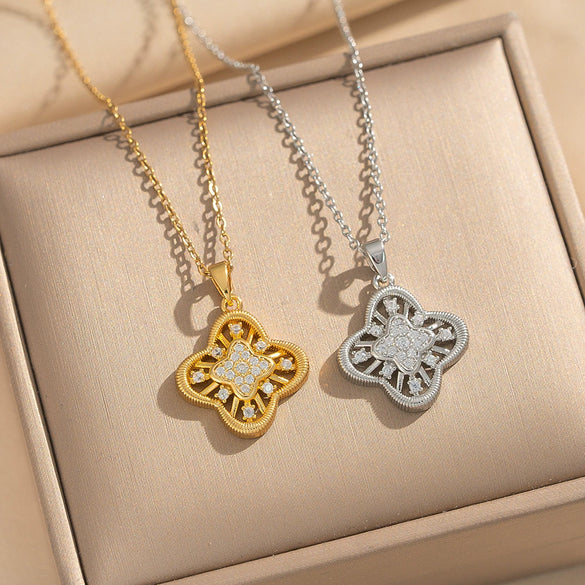 Wholesale Women's Necklace Geometric Cut Out Fourleaf Flower Design Inlaid Zircon Copper Stainless Steel 18K Gold Plated O Word Chain