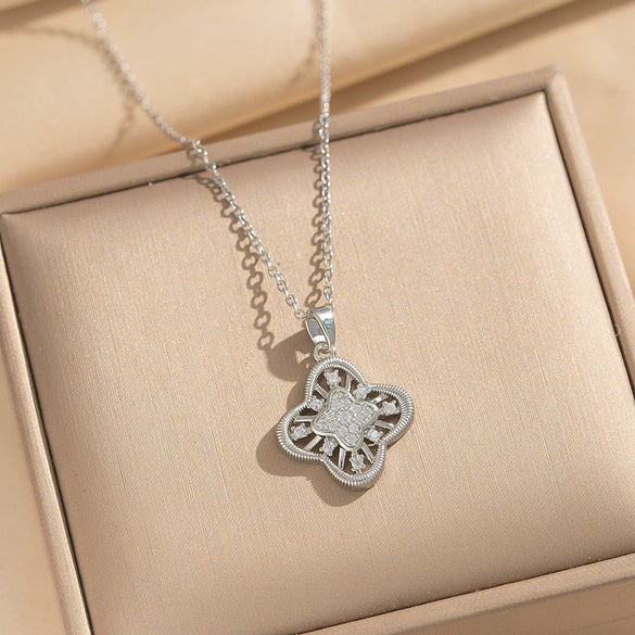 Wholesale Women's Necklace Geometric Cut Out Fourleaf Flower Design Inlaid Zircon Copper Stainless Steel 18K Gold Plated O Word Chain
