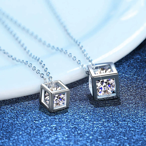 Wholesale Women's Necklace S925 Silver Moissanite Love Rubik's Cube Pendant Platinum Plated Geometric Style