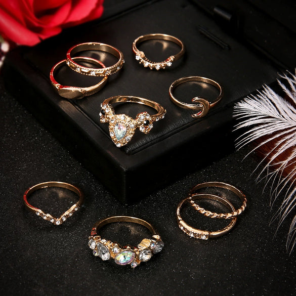 Wholesale Women's New Retro Gold 9 Piece Set Combination Ring In Geometric Pattern Alloy Material With Electroplating