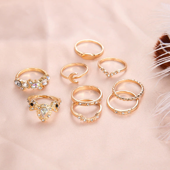Wholesale Women's New Retro Gold 9 Piece Set Combination Ring In Geometric Pattern Alloy Material With Electroplating