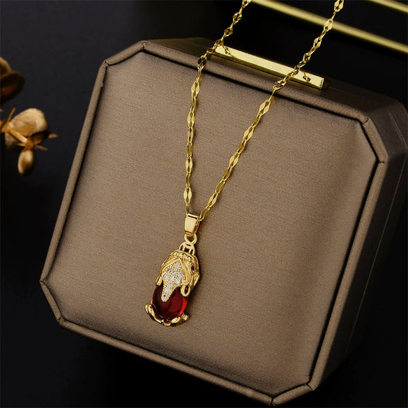 Wholesale Women's New Year Red Lucky Pixiu Titanium Steel Necklace With 18K Gold Plated Electroplating And Geometric Design