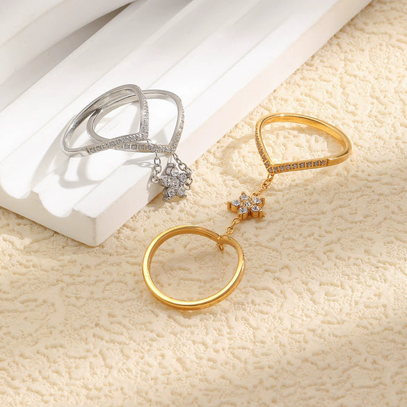 Wholesale Women's Niche Design Geometric Flower Doublelayer Stainless Steel 18K Goldplated Ring