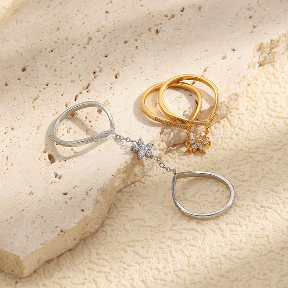 Wholesale Women's Niche Design Geometric Flower Doublelayer Stainless Steel 18K Goldplated Ring