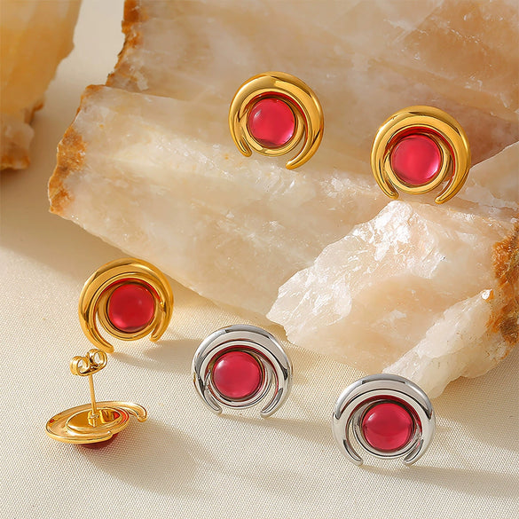 Wholesale Women's Niche Design Geometric Half Moon Glass Stone 316L Stainless Steel 18K Gold Plated Earrings