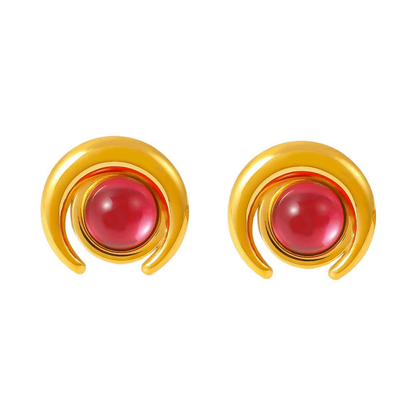 Wholesale Women's Niche Design Geometric Half Moon Glass Stone 316L Stainless Steel 18K Gold Plated Earrings
