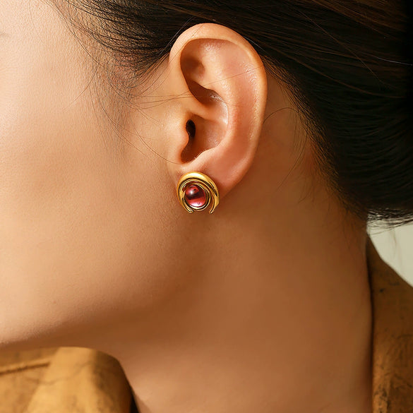 Wholesale Women's Niche Design Geometric Half Moon Glass Stone 316L Stainless Steel 18K Gold Plated Earrings