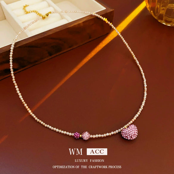 Wholesale Women's Niche Fashion Crystal Love Heart Shaped Clavicle Chain With Pink Diamond Embedded And Electroplated Design
