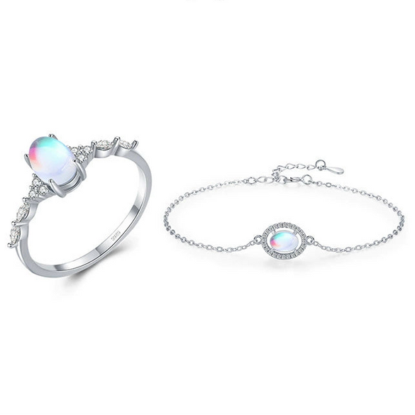 Wholesale Women's Niche Geometric Eggshaped S925 Sterling Silver Moonstone Jewelry Bracelet And Closed Ring