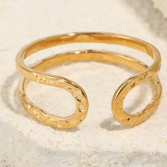 Wholesale Women's Niche Geometric Hammered Texture 18K Gold Electroplated Stainless Steel Open Ring