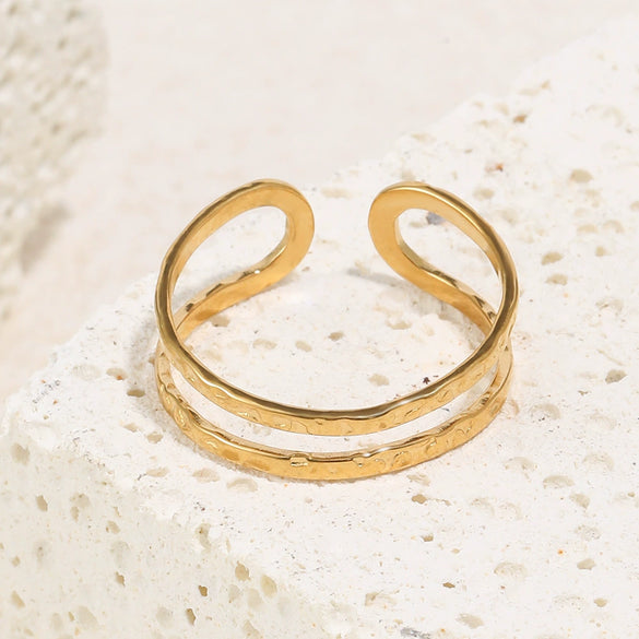 Wholesale Women's Niche Geometric Hammered Texture 18K Gold Electroplated Stainless Steel Open Ring
