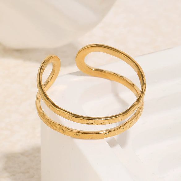 Wholesale Women's Niche Geometric Hammered Texture 18K Gold Electroplated Stainless Steel Open Ring