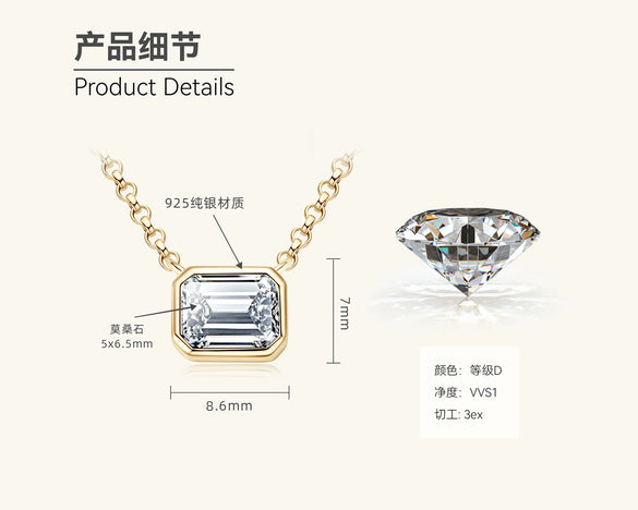 Wholesale Women's Niche Geometric Moissanite Emerald Pendant Necklace 925 Sterling Silver Electroplated Pearl Chain