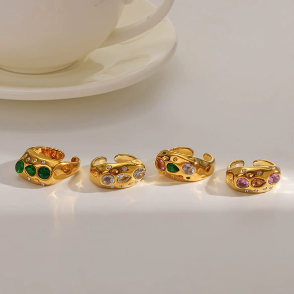 Wholesale Women's Niche Geometric Stainless Steel And Titanium Steel Ring Pvd Furnace Vacuum Real Gold Plated Inlaid With Colored Diamonds
