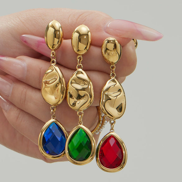 Wholesale Women's Niche Geometric Stainless Steel Faceted Glass Stone Earrings 18K Real Gold Plated