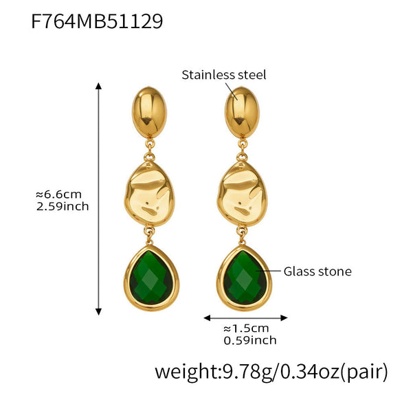 Wholesale Women's Niche Geometric Stainless Steel Faceted Glass Stone Earrings 18K Real Gold Plated