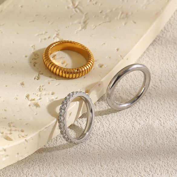 Wholesale Women's Niche Geometric Stainless Steel 18K Gold Plated Polished Threelayer Ring Accessories