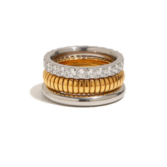 Wholesale Women's Niche Geometric Stainless Steel 18K Gold Plated Polished Threelayer Ring Accessories