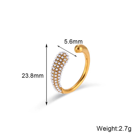 Wholesale Women's Niche Geometric Stainless Steel Openended Ring With Water Drop Shape Microinlaid Pearls And White Diamonds Pvd Furnace Vacuum Real Gold Plated