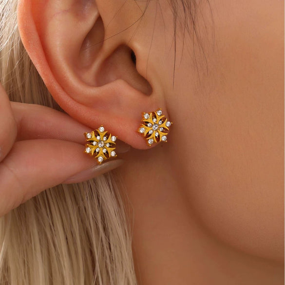 Wholesale Women's Niche Geometric Stainless Steel Zircon Inlaid 18K Gold Plated Ferris Wheel Snowflake Earrings