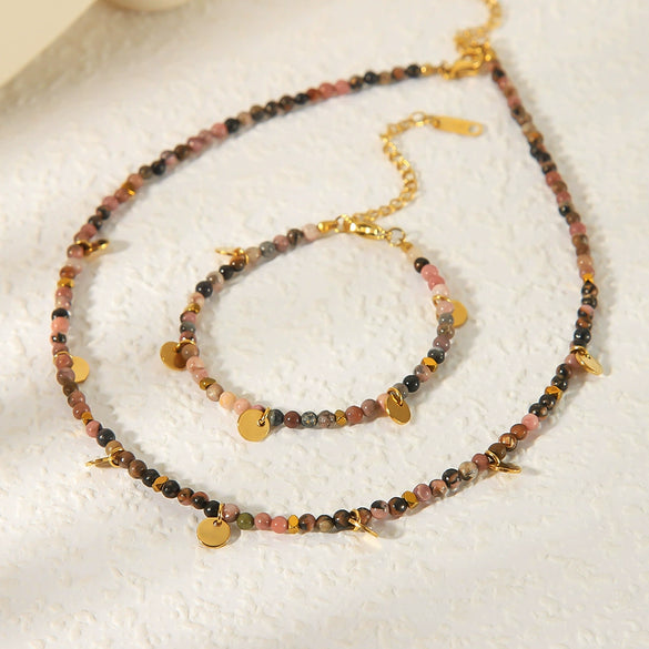Wholesale Women's Niche Geometric Titanium Steel Round Pendant Beaded Necklace Bracelet Jewelry Set With Electroplating