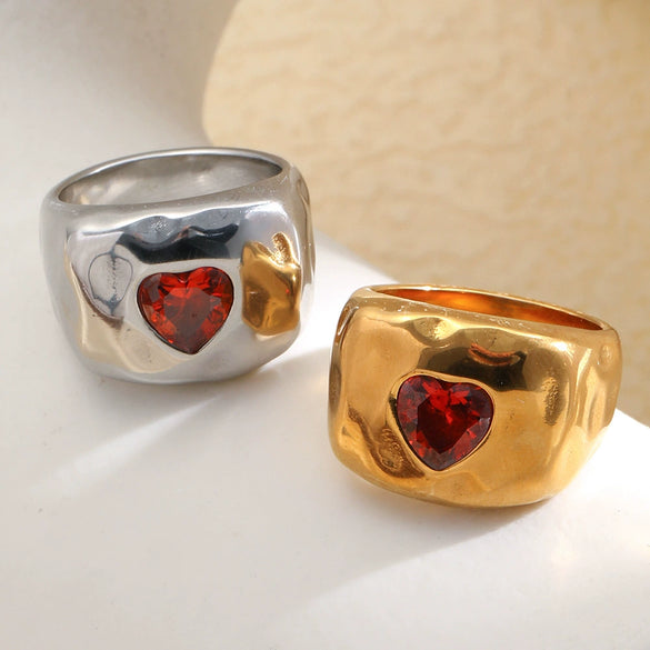 Wholesale Women's Niche Retro Geometric Heartshaped Stainless Steel 18K Goldplated Diamond Ring Accessories