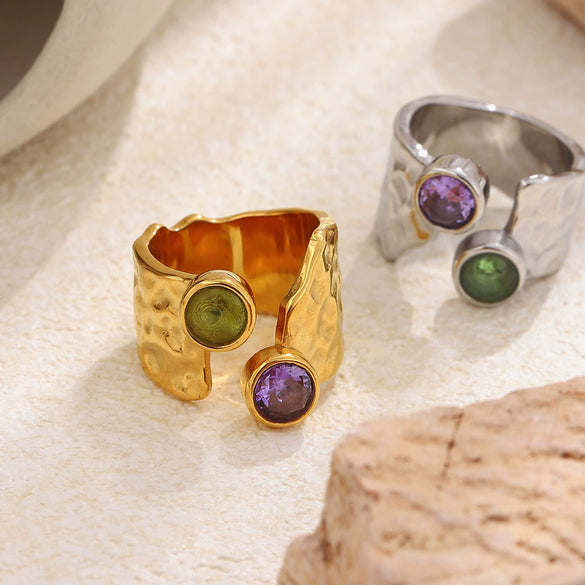 Wholesale Women's Niche Retro Geometric Stainless Steel Electroplated Hammered Texture Open Ring Light Luxury Jewelry