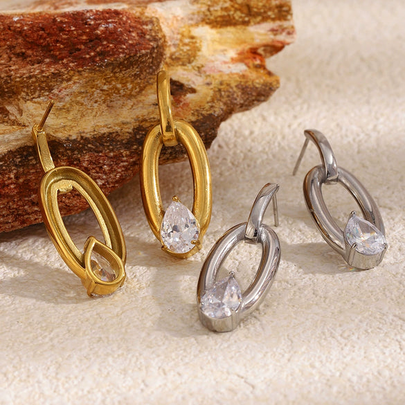 Wholesale Women's Niche Style Geometric Stainless Steel 18K Gold Plated Cast Oval Water Drop Zircon Stud Earrings