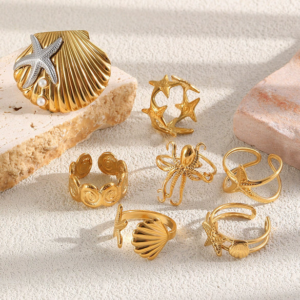 Wholesale Women's Niche Style Geometric Starfish Octopus Conch Stainless Steel 18K Gold Vacuum Plated Ring Accessories