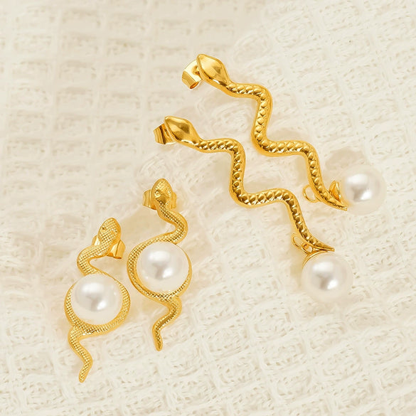 Wholesale Women's Niche Style Snakeshaped Titanium Steel And Stainless Steel Earrings Set With Imitation Pearls Featuring Animal And Zodiac Patterns