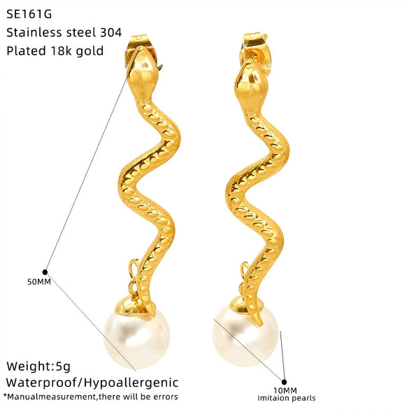 Wholesale Women's Niche Style Snakeshaped Titanium Steel And Stainless Steel Earrings Set With Imitation Pearls Featuring Animal And Zodiac Patterns