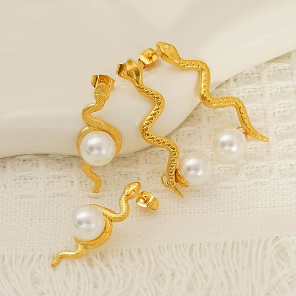 Wholesale Women's Niche Style Snakeshaped Titanium Steel And Stainless Steel Earrings Set With Imitation Pearls Featuring Animal And Zodiac Patterns
