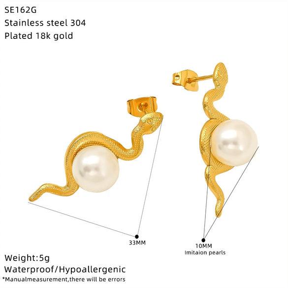 Wholesale Women's Niche Style Snakeshaped Titanium Steel And Stainless Steel Earrings Set With Imitation Pearls Featuring Animal And Zodiac Patterns