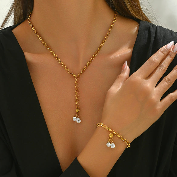 Wholesale Women's Niche Style Stainless Steel Necklace And Bracelet With Love Water Drops And Bells Electroplated Design