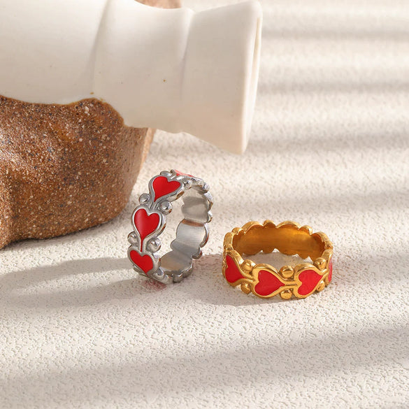 Wholesale Women's Niche Vintage Style Stainless Steel Vacuum Plated Heart And Geometric Shape Jewelry Ring