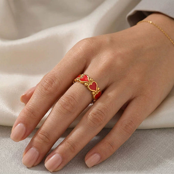 Wholesale Women's Niche Vintage Style Stainless Steel Vacuum Plated Heart And Geometric Shape Jewelry Ring
