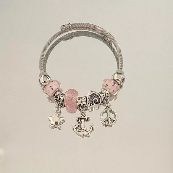 Wholesale Women's Ocean Element Anchor Pendant Beaded Bracelet Stainless Steel Electroplated Jewelry