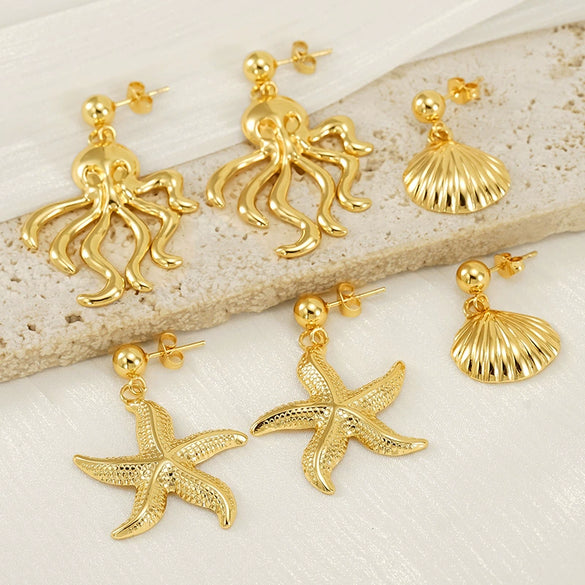 Wholesale Women's Ocean Series 316L Stainless Steel 18K Electroplated Geometric Starfish Earrings