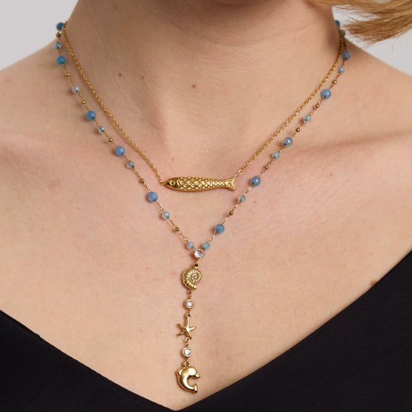 Wholesale Women's Ocean Style Stainless Steel Animal Zodiac Pattern Yshaped Bead Chain 18K Gold Plated Conch Dolphin Zircon Pendant Necklace Jewelry