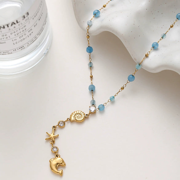 Wholesale Women's Ocean Style Stainless Steel Animal Zodiac Pattern Yshaped Bead Chain 18K Gold Plated Conch Dolphin Zircon Pendant Necklace Jewelry
