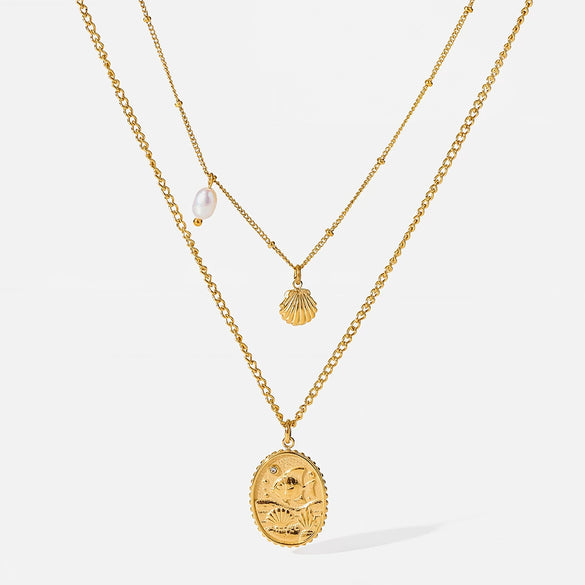 Wholesale Women's Ocean Style Stainless Steel Double Layer Necklace With Animal Zodiac Pattern Real Gold Plated In The Furnace