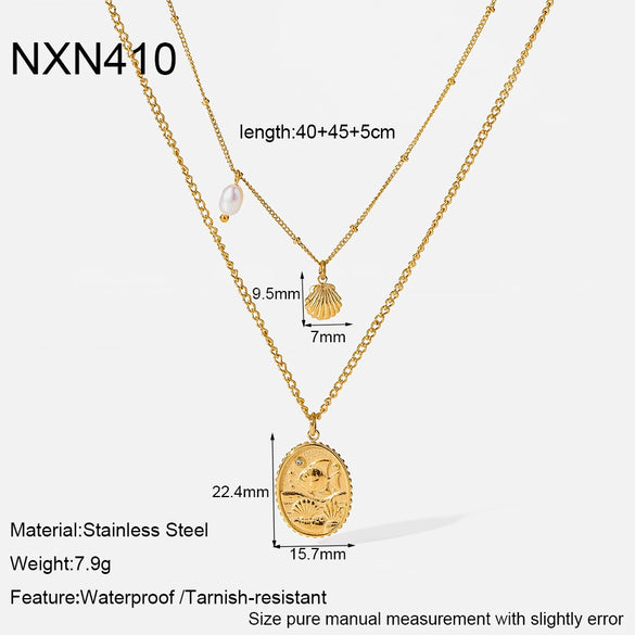 Wholesale Women's Ocean Style Stainless Steel Double Layer Necklace With Animal Zodiac Pattern Real Gold Plated In The Furnace