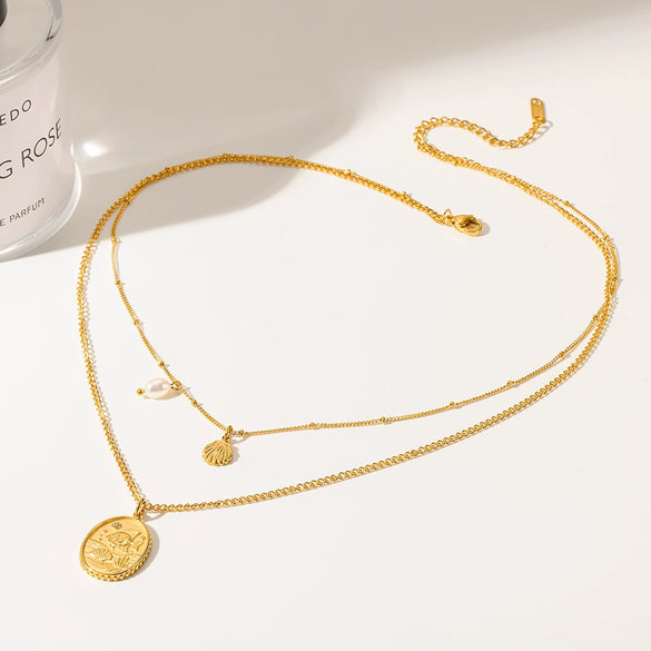 Wholesale Women's Ocean Style Stainless Steel Double Layer Necklace With Animal Zodiac Pattern Real Gold Plated In The Furnace
