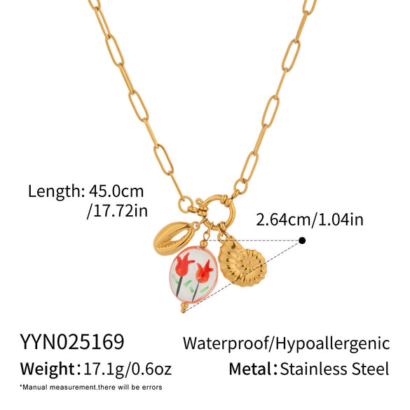 Wholesale Women's Ocean Style Tulip Flowers Enamel Waterproof Non Fading Jewelry In Titanium Steel With Geometric Shape And Pvd Vacuum Real Gold Electroplating