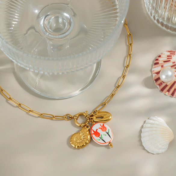 Wholesale Women's Ocean Style Tulip Flowers Enamel Waterproof Non Fading Jewelry In Titanium Steel With Geometric Shape And Pvd Vacuum Real Gold Electroplating