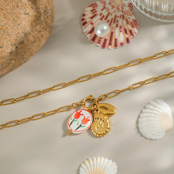 Wholesale Women's Ocean Style Tulip Flowers Enamel Waterproof Non Fading Jewelry In Titanium Steel With Geometric Shape And Pvd Vacuum Real Gold Electroplating