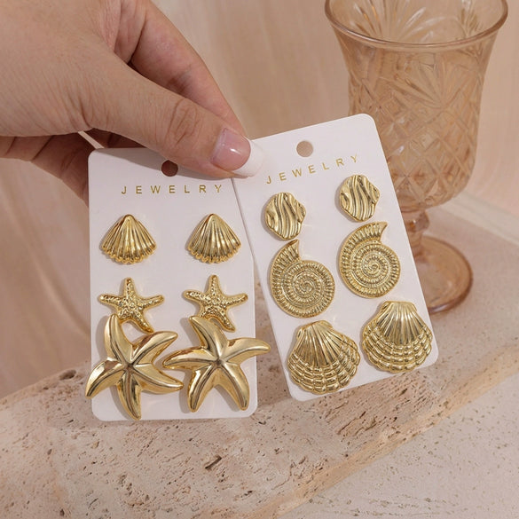 Wholesale Women's Oceanthemed Starfish Shell Multipiece Earring Set In Plastic And Steel With Electroplating And Animal Zodiac Patterns