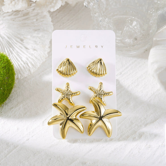 Wholesale Women's Oceanthemed Starfish Shell Multipiece Earring Set In Plastic And Steel With Electroplating And Animal Zodiac Patterns